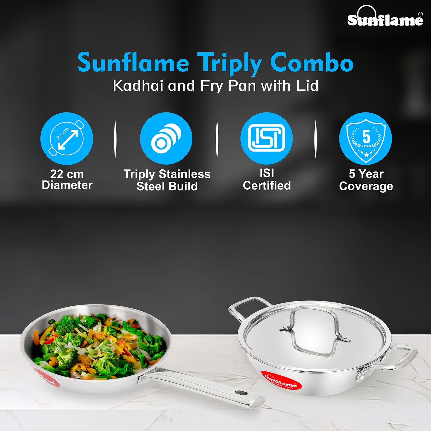 Triply Cookware 3 Pcs  Combo | Kadhai 22 cm, Fry Pan 22 cm, Stainless Steel Lid | Induction and Gas Stove Compatible