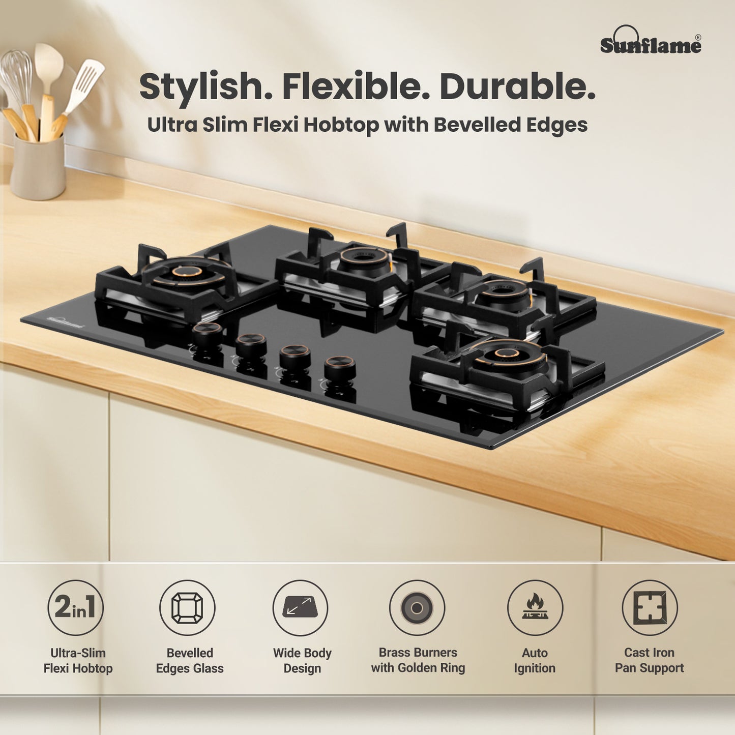 4 Burner Built-In & Countertop Flexi Hob 78 cm Wide | Bevelled Edges