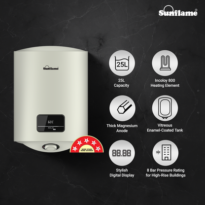 Sunflame Rolig DG Geyser 25 Litre Water Heater with Digital Display | Suitable for Hard Water | Energy Efficient 5 Star Rating | Advanced 4 layered Safety | 5 Year Inner Tank Warranty by Sunflame