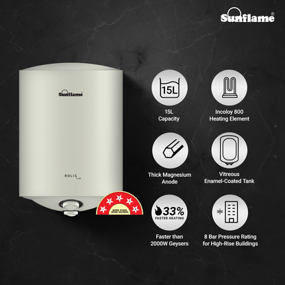 Sunflame Rolig 3kW Geyser 15 Litre Water Heater | 33% Faster Heating | Suitable for Hard Water | Energy Efficient 5 Star Rating | Advanced 4-layered Safety | 5 Year Inner Tank Warranty by Sunflame