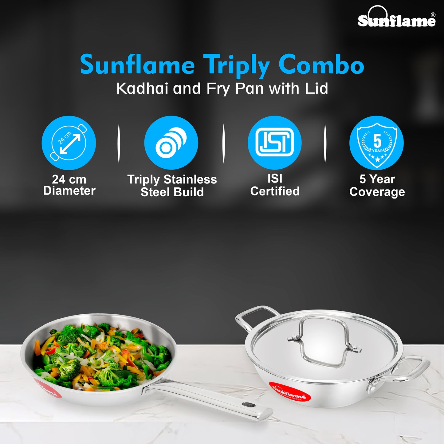 Triply Cookware 3 Pcs  Combo | Kadhai 24 cm, Fry Pan 24 cm, Stainless Steel Lid | Induction and Gas Stove Compatible