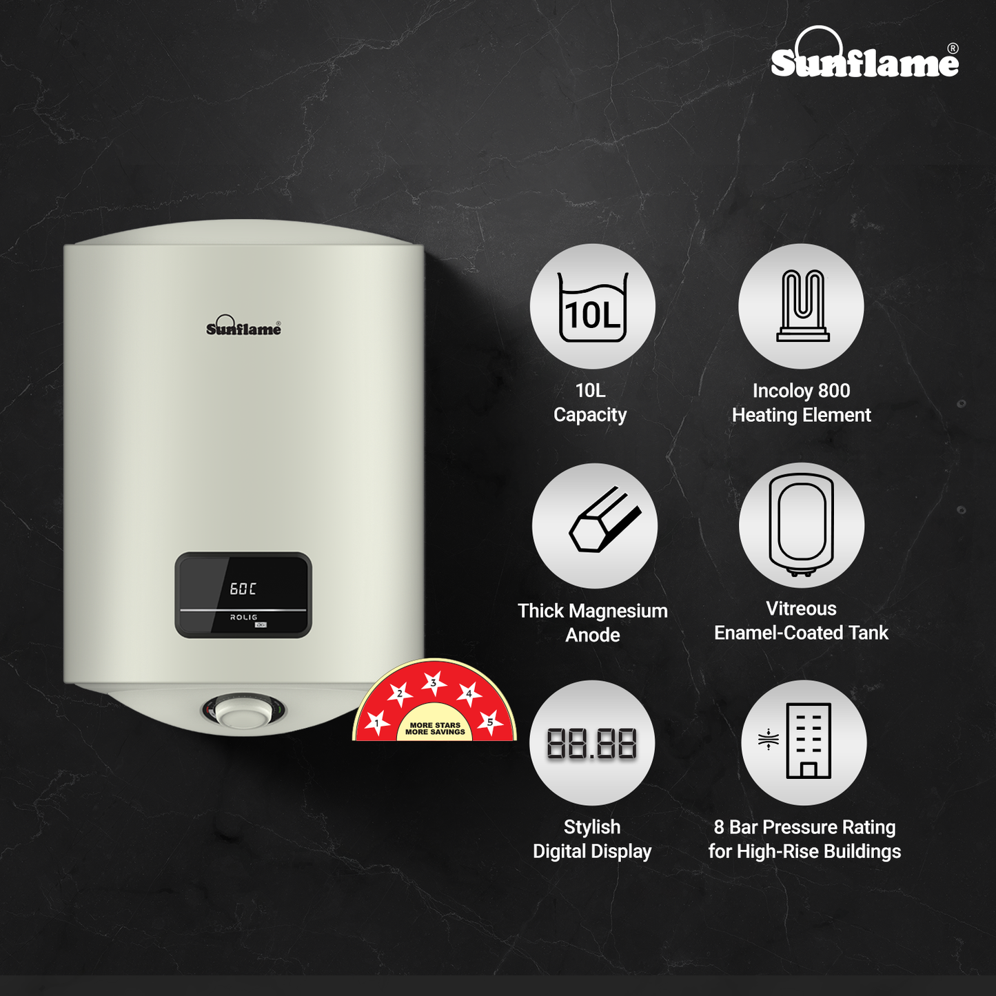 Sunflame Rolig DG Geyser 10 Litre Water Heater with Digital Display | Suitable for Hard Water | Energy Efficient 5 Star Rating | Advanced 4 layered Safety | 5 Year Inner Tank Warranty by Sunflame