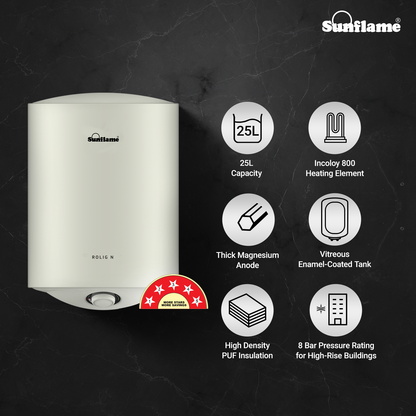 Sunflame Rolig N Geyser 25 Litre Wall Mount Water Heater for Home | 5 Star Rating | Vitreous Enamel Tank Coating | Advanced Multi-layered Safety | Suitable for Hard Water & High-rise Buildings | White