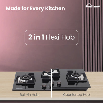 3 Burner Built-In & Countertop Flexi Hob 76 cm Wide |  Flame Failure Device