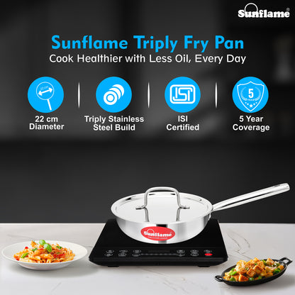 Triply Fry Pan with Stainless Steel Lid | 22 cm Diameter | Induction and Gas Stove Compatible