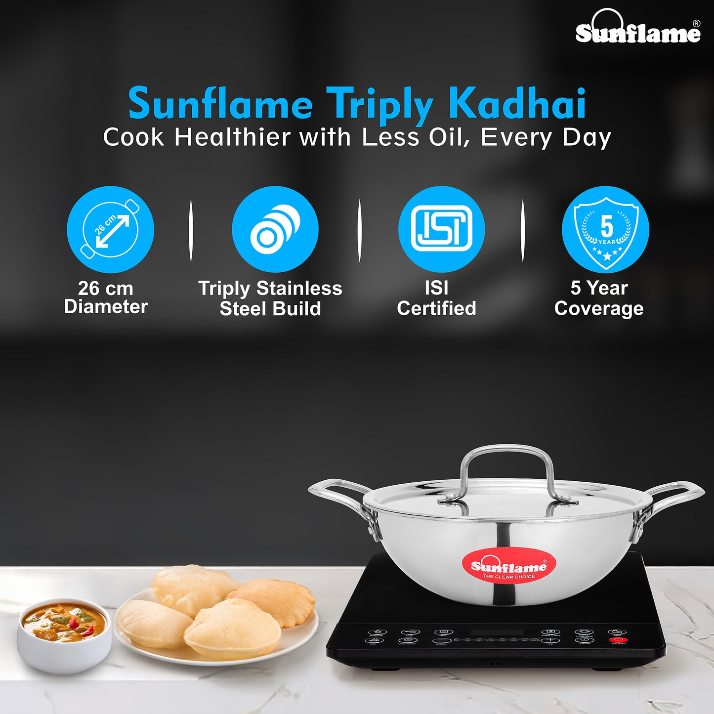 Triply Kadhai with Stainless Steel Lid | 26 cm Diameter | Induction and Gas Stove Compatible