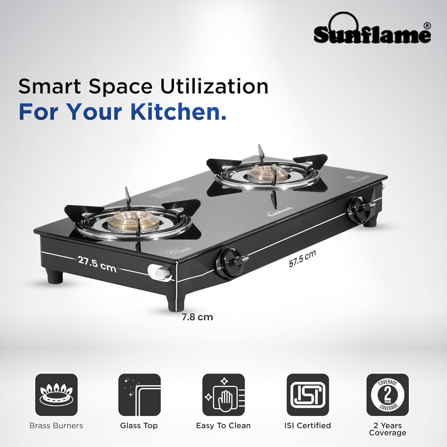 Sunflame Maleo 2 Burner Gas Stove | 1 Medium & 1 Small Brass Burners | 2 Year Product Coverage