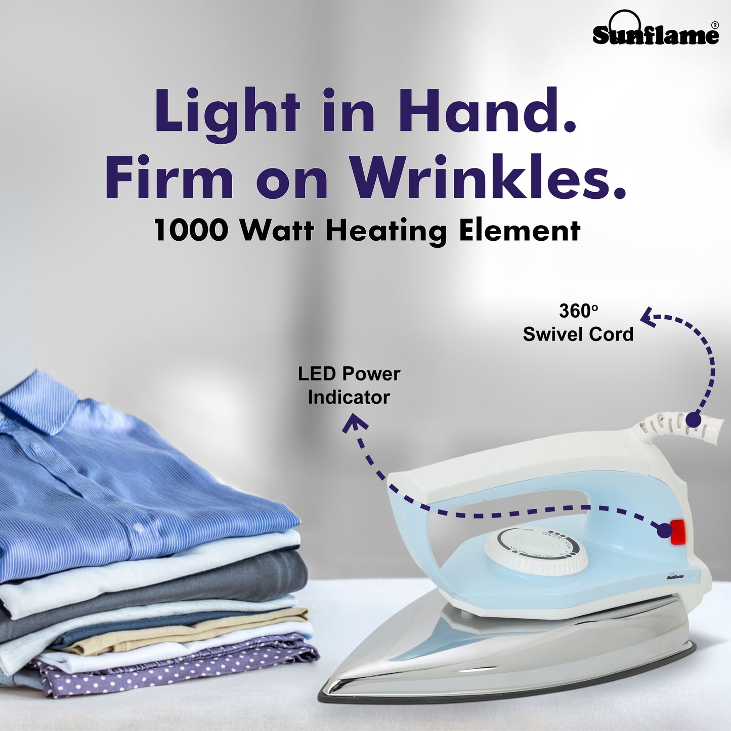 Dry Iron 1000 W with German Weilburger Non-Stick Coating | Quick Heat Up | Shock Proof Body | Auto Shut Off | 360° Swivel Cord | 5 Ironing Modes 