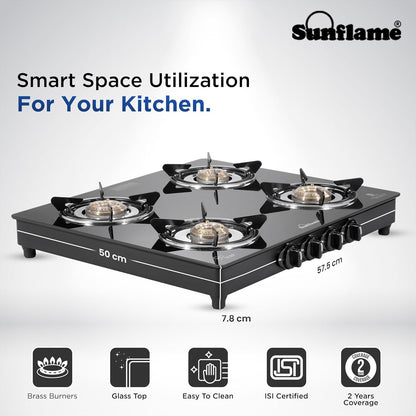 Sunflame Maleo 4 Burner Gas Stove | 2 Medium & 2 Small Brass Burners | 2 Year Product Coverage