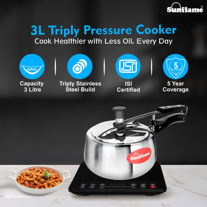 Triply Pressure Cooker 3 Litres Stainless Steel | Inner Lid | Induction and Gas StoveCompatible