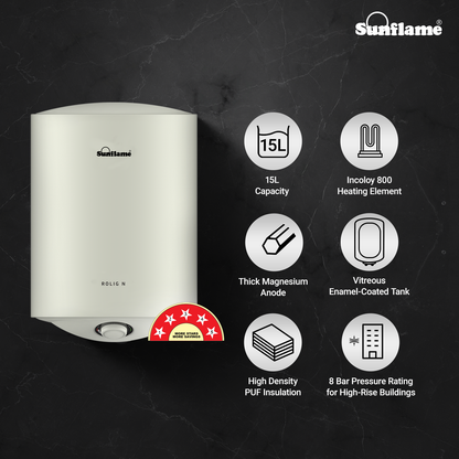 Sunflame Rolig N Geyser 15 Litre Wall Mount Water Heater For Home | 5 Star Rating | Vitreous Enamel Tank Coating | Advanced Multi-Layered Safety | Suitable For Hard Water&High-Rise Buildings | White