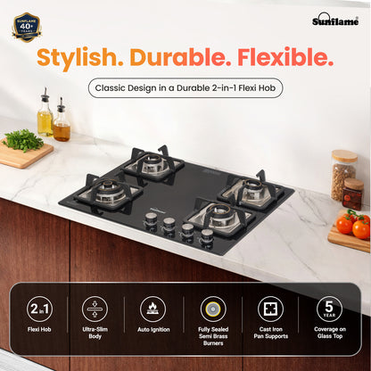 SFD 465 BCS 4 Burner Built-In & Countertop Flexi Hob 65 cm Wide | Ultra-Slim Body | 5 Year Glasstop Warranty