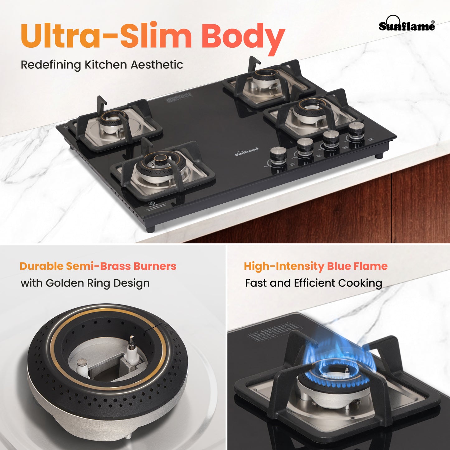 SFD 465 BCS 4 Burner Built-In & Countertop Flexi Hob 65 cm Wide | Ultra-Slim Body | 5 Year Glasstop Warranty