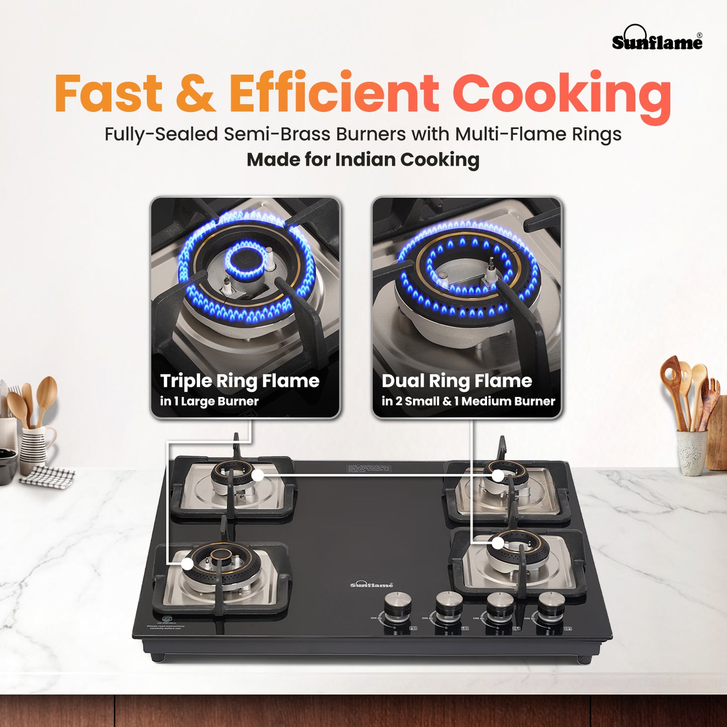 SFD 465 BCS 4 Burner Built-In & Countertop Flexi Hob 65 cm Wide | Ultra-Slim Body | 5 Year Glasstop Warranty