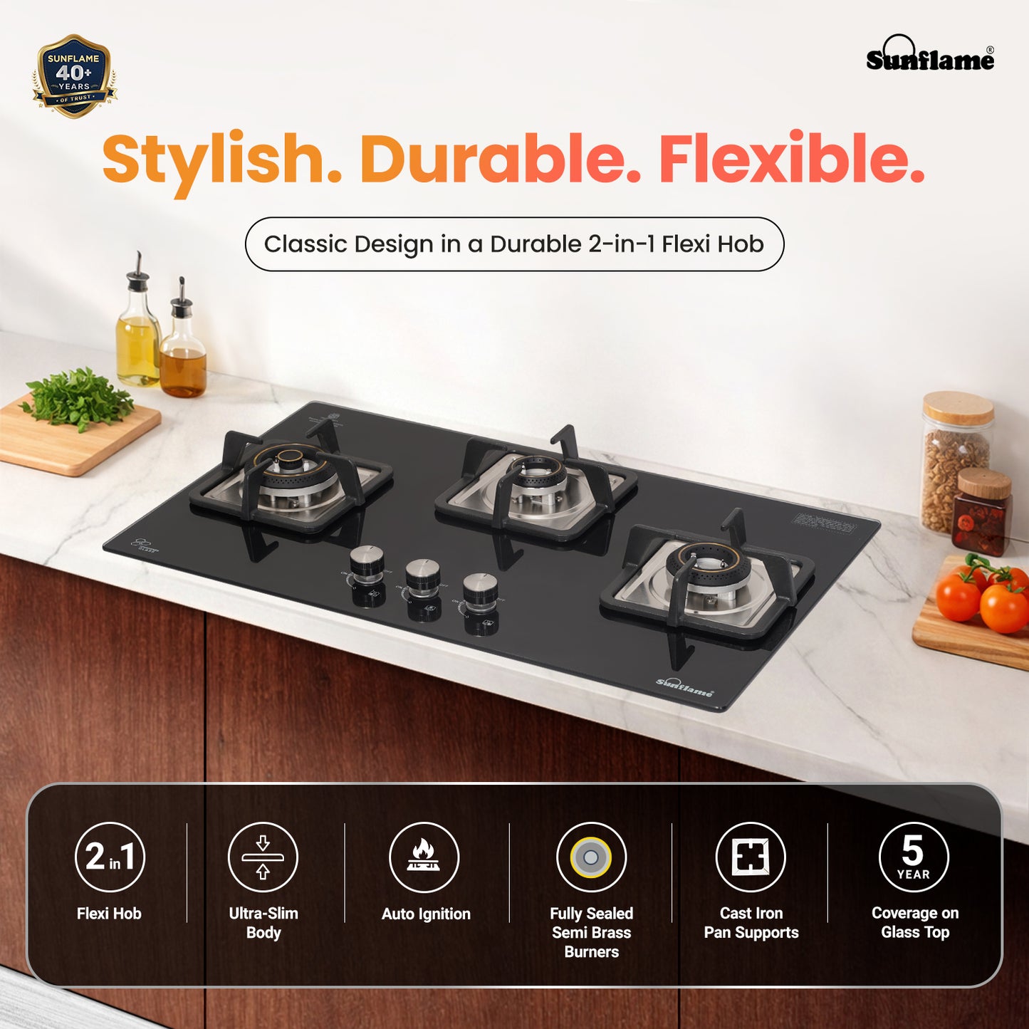SFD 376 BCS 3 Burner Built-In & Countertop Flexi Hob 76 cm Wide | Ultra-Slim Body | 5 Year Glasstop Warranty
