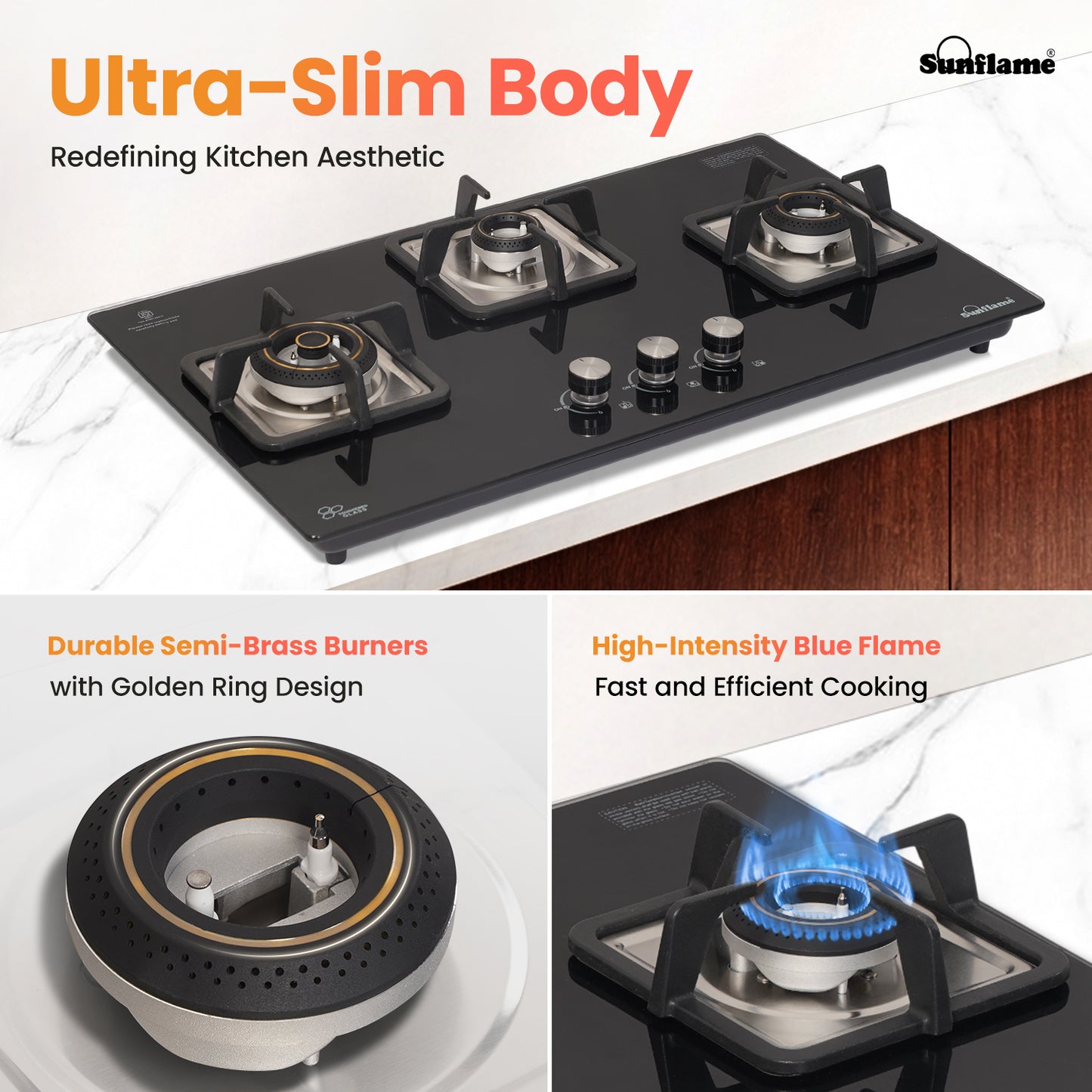 SFD 376 BCS 3 Burner Built-In & Countertop Flexi Hob 76 cm Wide | Ultra-Slim Body | 5 Year Glasstop Warranty