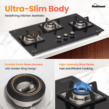 SFD 376 BCS 3 Burner Built-In & Countertop Flexi Hob 76 cm Wide | Ultra-Slim Body | 5 Year Glasstop Warranty