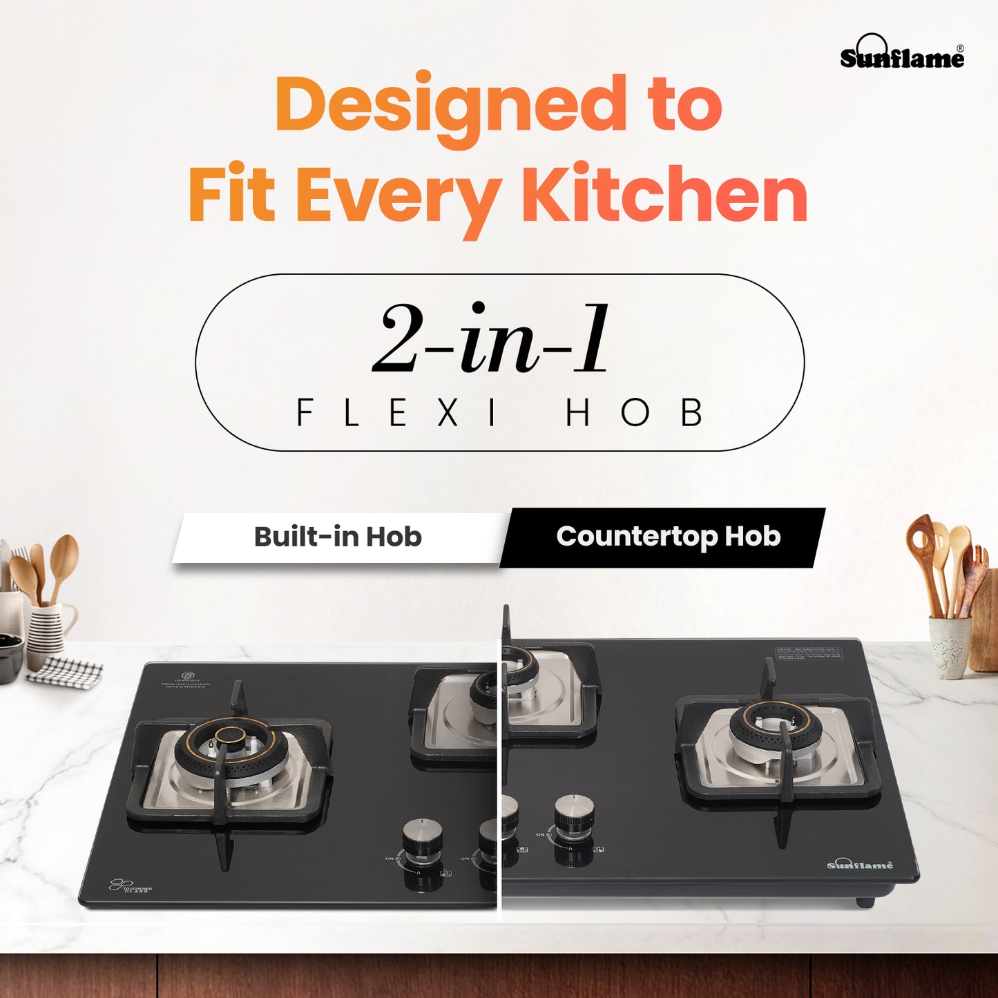 SFD 376 BCS 3 Burner Built-In & Countertop Flexi Hob 76 cm Wide | Ultra-Slim Body | 5 Year Glasstop Warranty