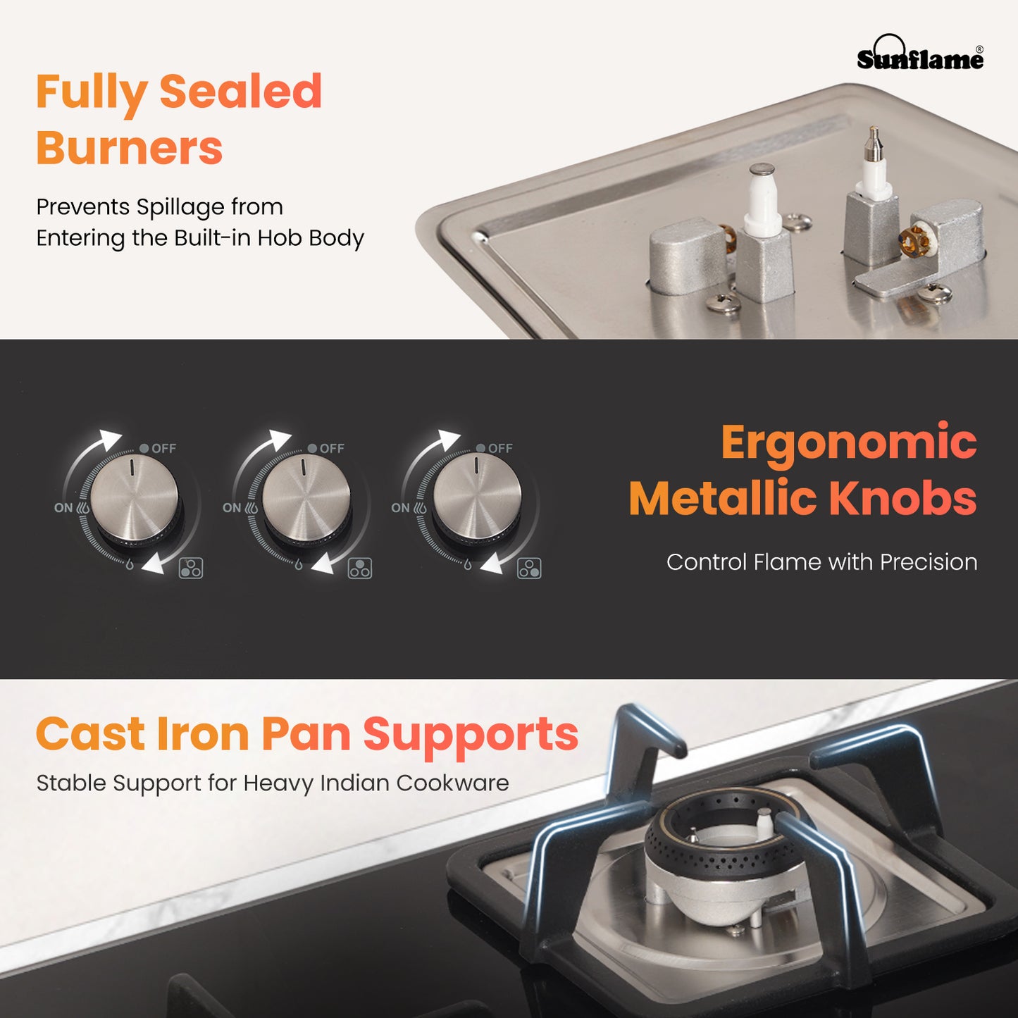SFD 376 BCS 3 Burner Built-In & Countertop Flexi Hob 76 cm Wide | Ultra-Slim Body | 5 Year Glasstop Warranty