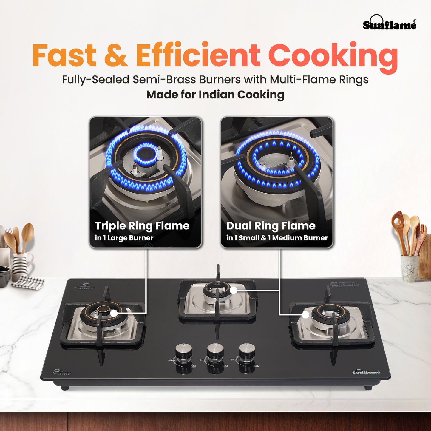 SFD 376 BCS 3 Burner Built-In & Countertop Flexi Hob 76 cm Wide | Ultra-Slim Body | 5 Year Glasstop Warranty