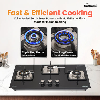 SFD 376 BCS 3 Burner Built-In & Countertop Flexi Hob 76 cm Wide | Ultra-Slim Body | 5 Year Glasstop Warranty