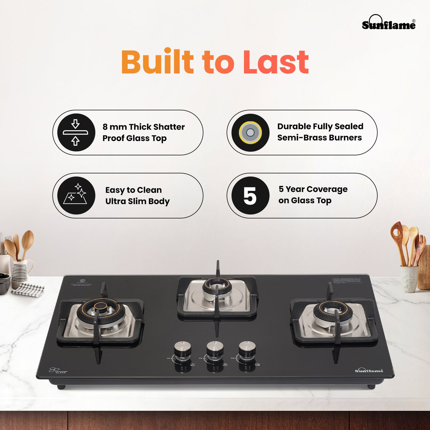 SFD 376 BCS 3 Burner Built-In & Countertop Flexi Hob 76 cm Wide | Ultra-Slim Body | 5 Year Glasstop Warranty