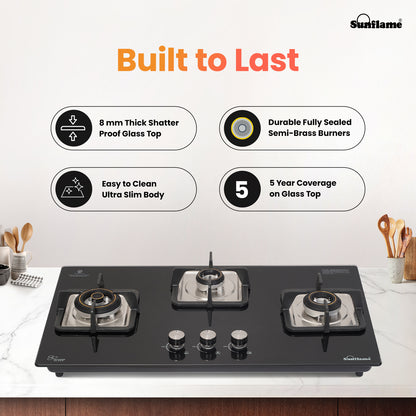 SFD 376 BCS 3 Burner Built-In & Countertop Flexi Hob 76 cm Wide | Ultra-Slim Body | 5 Year Glasstop Warranty