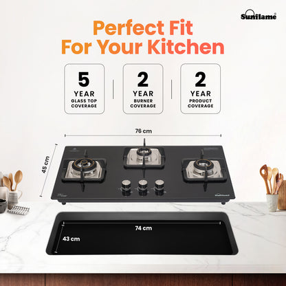 SFD 376 BCS 3 Burner Built-In & Countertop Flexi Hob 76 cm Wide | Ultra-Slim Body | 5 Year Glasstop Warranty