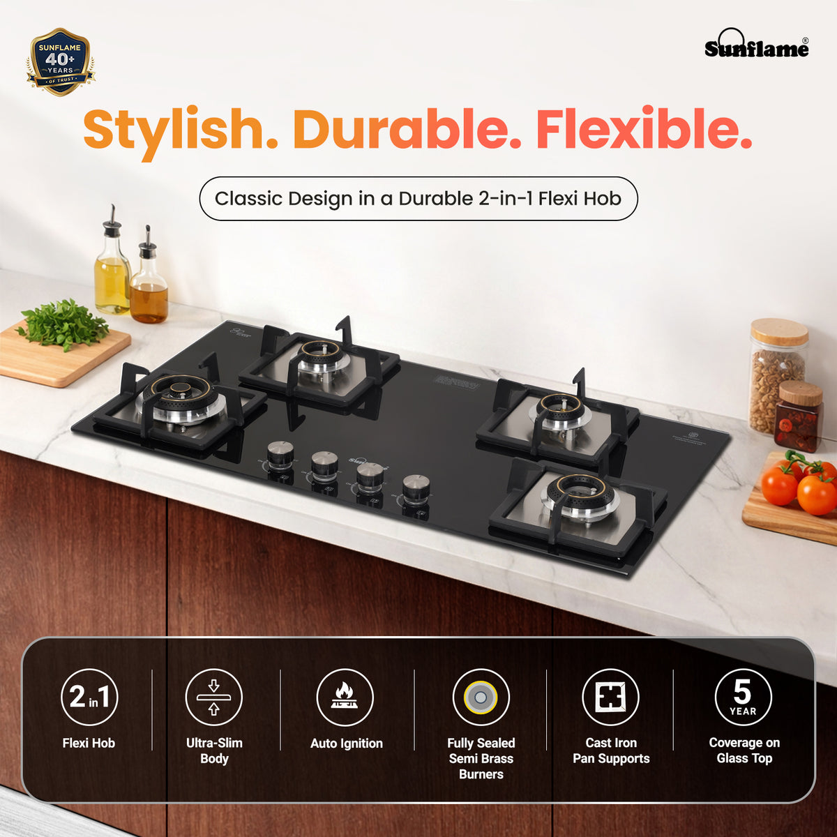SFD 486 BCS 4 Burner Built-In & Countertop Flexi Hob 86 cm Wide | Ultra-Slim Body | 5 Year Glasstop Warranty