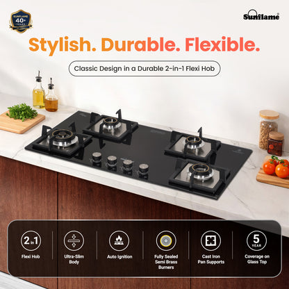 SFD 486 BCS 4 Burner Built-In & Countertop Flexi Hob 86 cm Wide | Ultra-Slim Body | 5 Year Glasstop Warranty