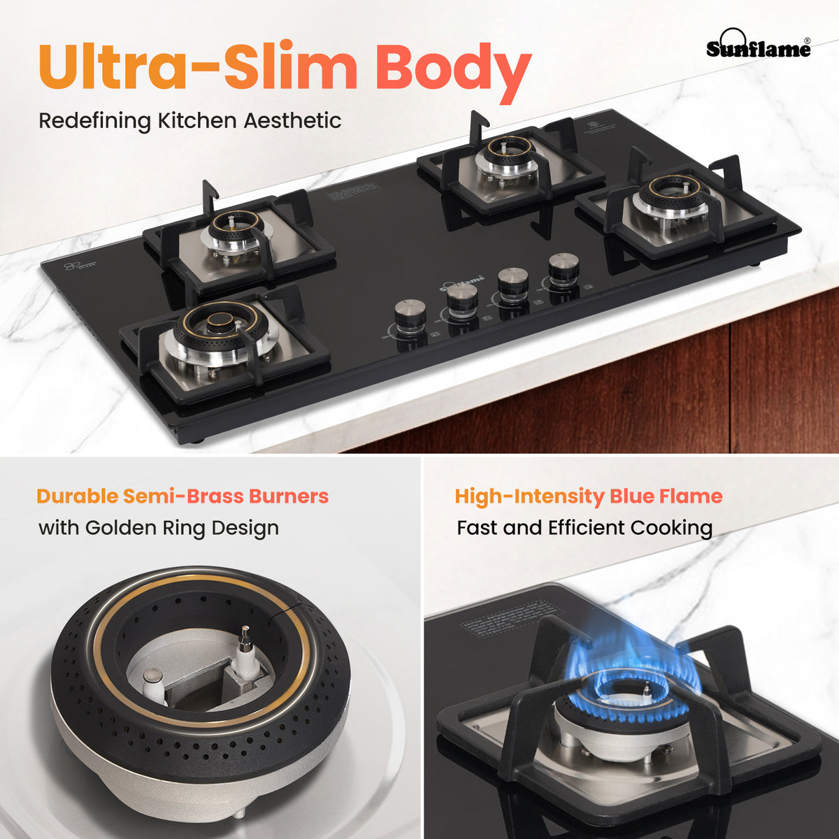 SFD 486 BCS 4 Burner Built-In & Countertop Flexi Hob 86 cm Wide | Ultra-Slim Body | 5 Year Glasstop Warranty