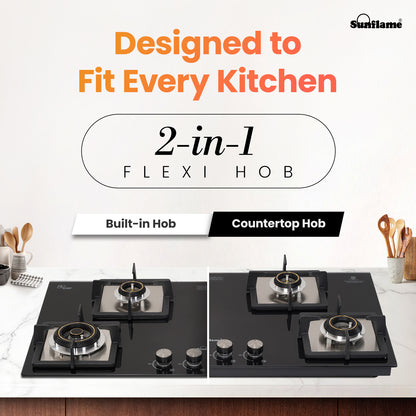 SFD 486 BCS 4 Burner Built-In & Countertop Flexi Hob 86 cm Wide | Ultra-Slim Body | 5 Year Glasstop Warranty