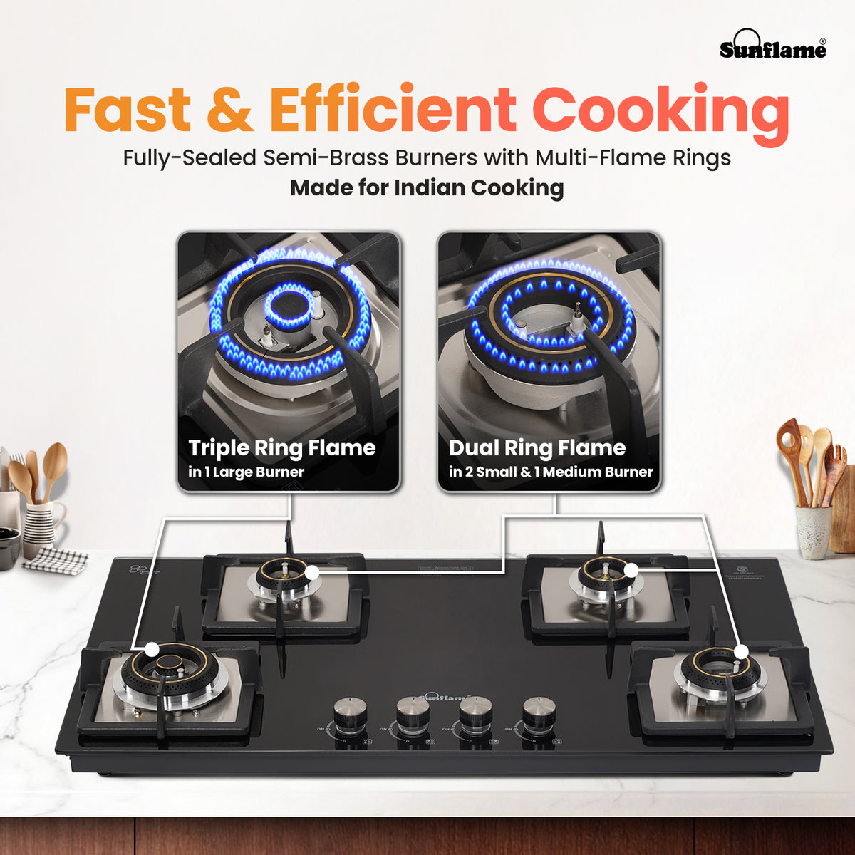 SFD 486 BCS 4 Burner Built-In & Countertop Flexi Hob 86 cm Wide | Ultra-Slim Body | 5 Year Glasstop Warranty