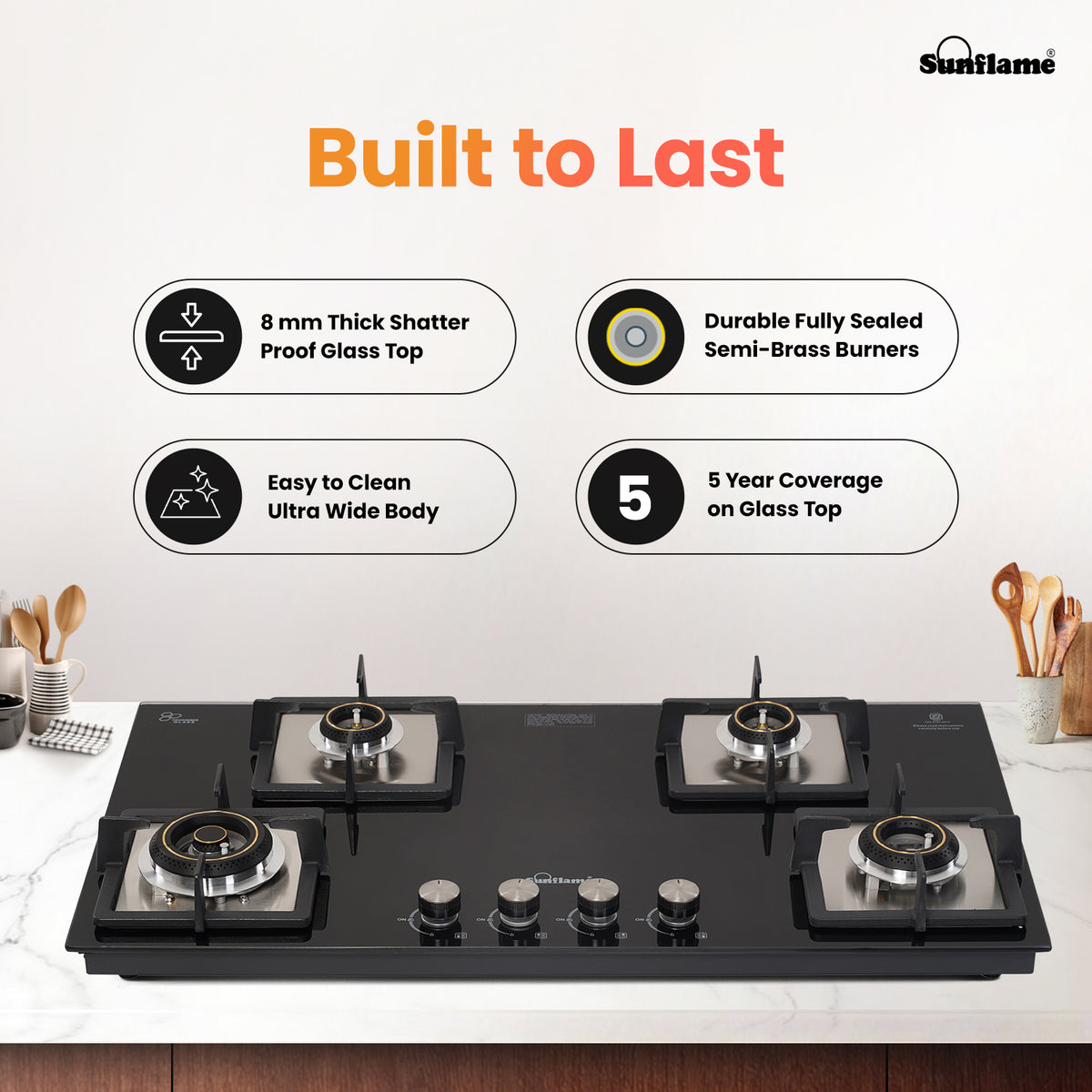 SFD 486 BCS 4 Burner Built-In & Countertop Flexi Hob 86 cm Wide | Ultra-Slim Body | 5 Year Glasstop Warranty