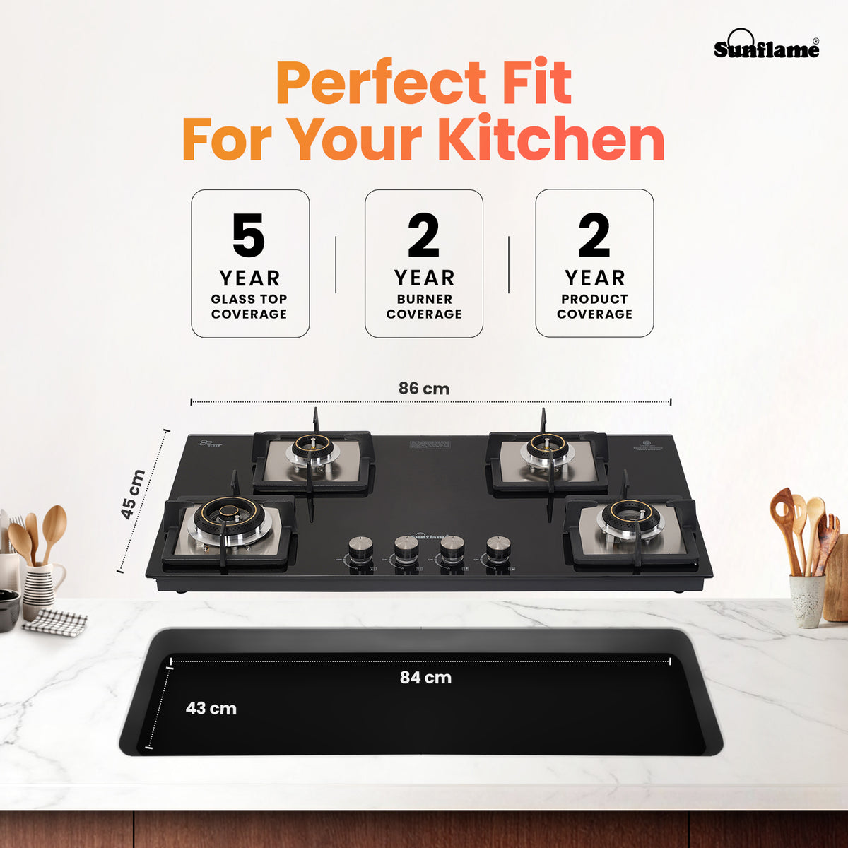 SFD 486 BCS 4 Burner Built-In & Countertop Flexi Hob 86 cm Wide | Ultra-Slim Body | 5 Year Glasstop Warranty