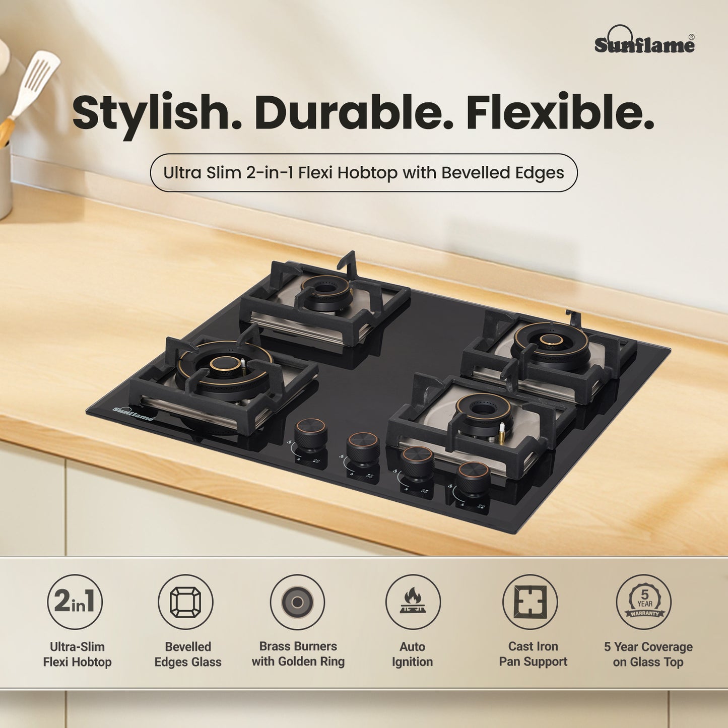 SFM 460 BCS 4 Burner Built-In & Countertop Flexi Hob 60 cm Wide | Ultra-Slim Body | 5 Year Glasstop Warranty