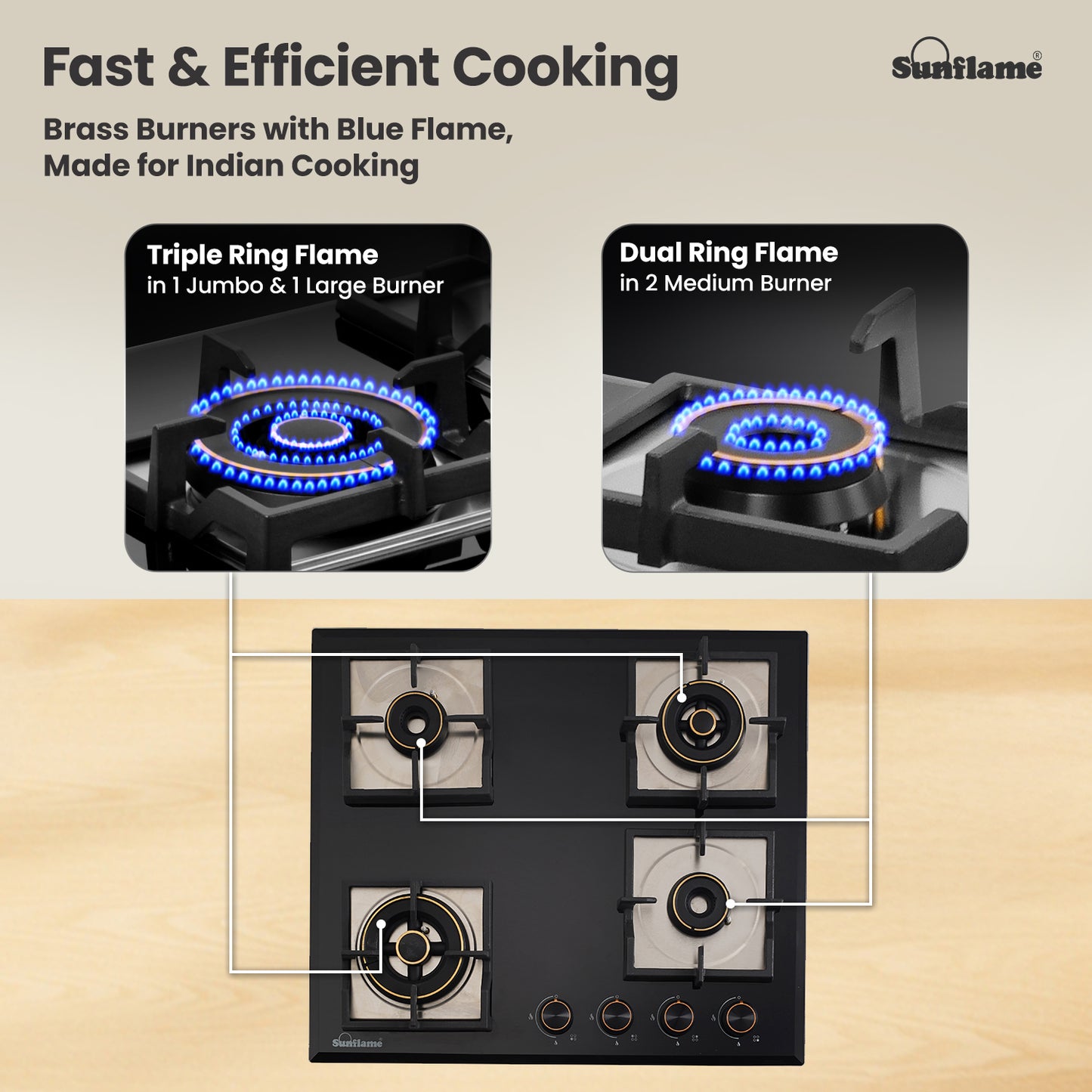 SFM 460 BCS 4 Burner Built-In & Countertop Flexi Hob 60 cm Wide | Ultra-Slim Body | 5 Year Glasstop Warranty