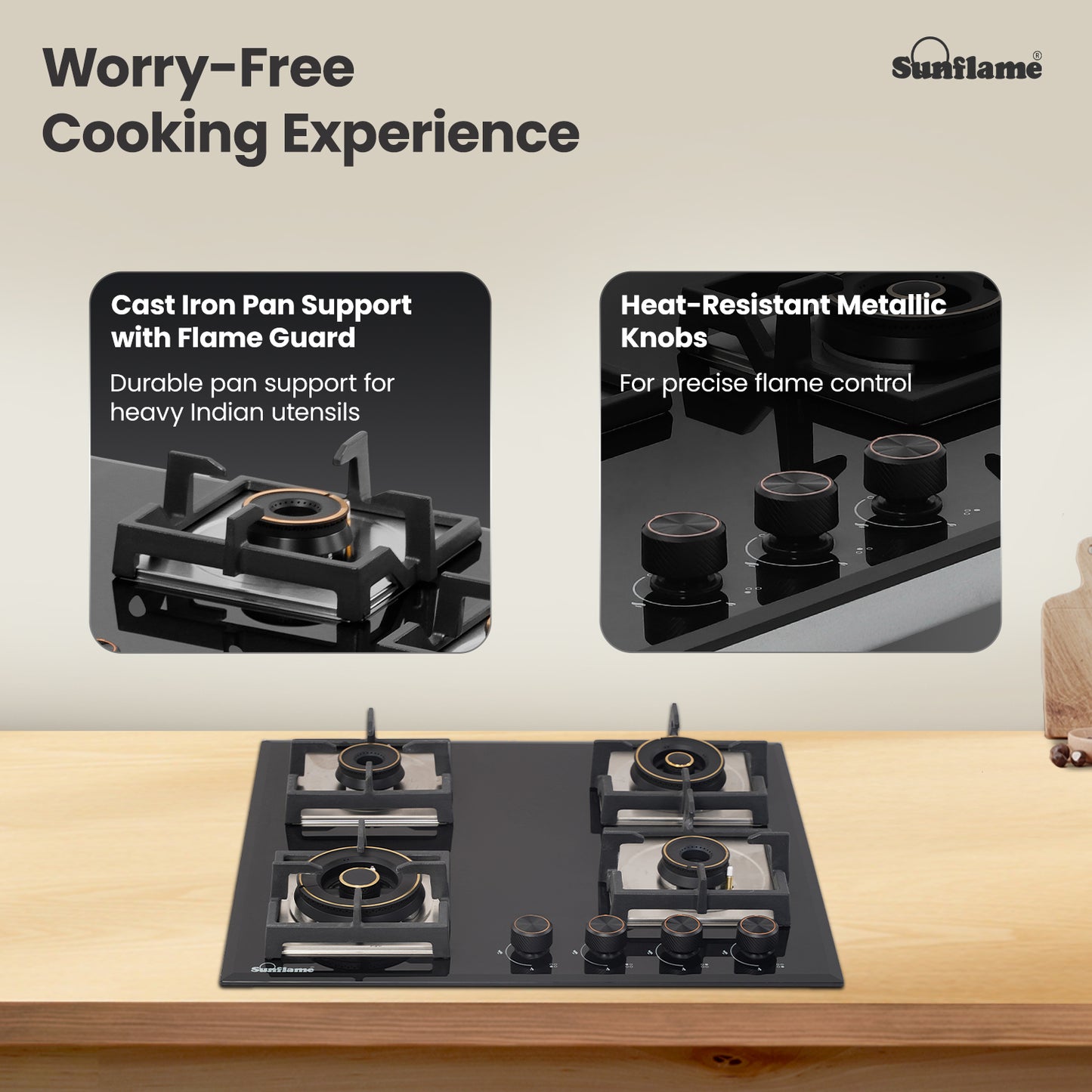 SFM 460 BCS 4 Burner Built-In & Countertop Flexi Hob 60 cm Wide | Ultra-Slim Body | 5 Year Glasstop Warranty