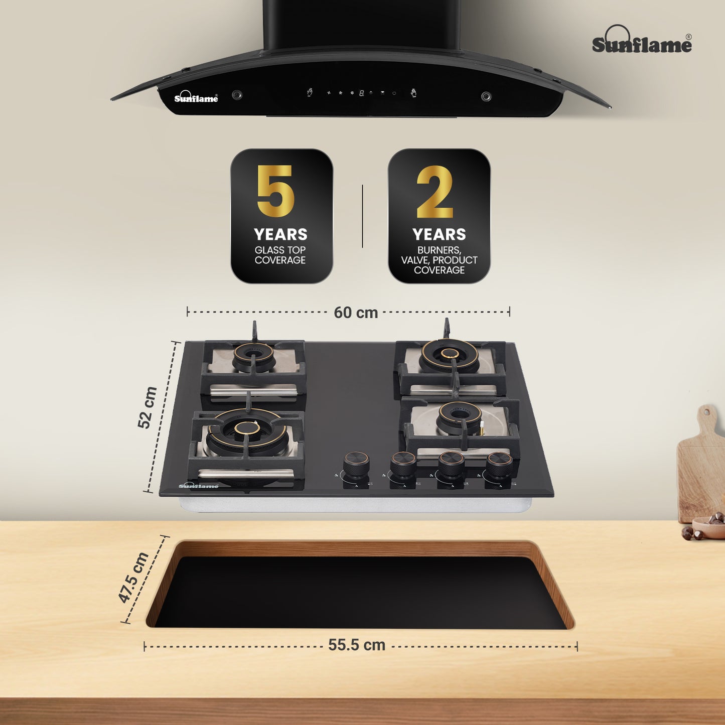 SFM 460 BCS 4 Burner Built-In & Countertop Flexi Hob 60 cm Wide | Ultra-Slim Body | 5 Year Glasstop Warranty
