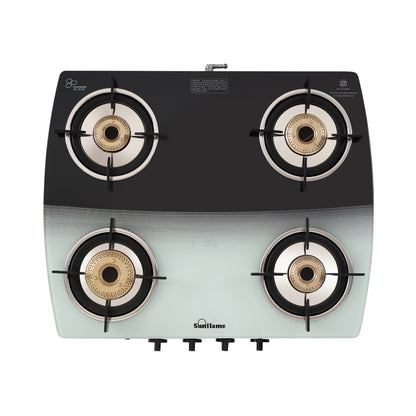 SGM 4 Burner Gas Stove | 1 Jumbo, 1 Medium, 2 Small Brass Burner | Toughened Glass Top