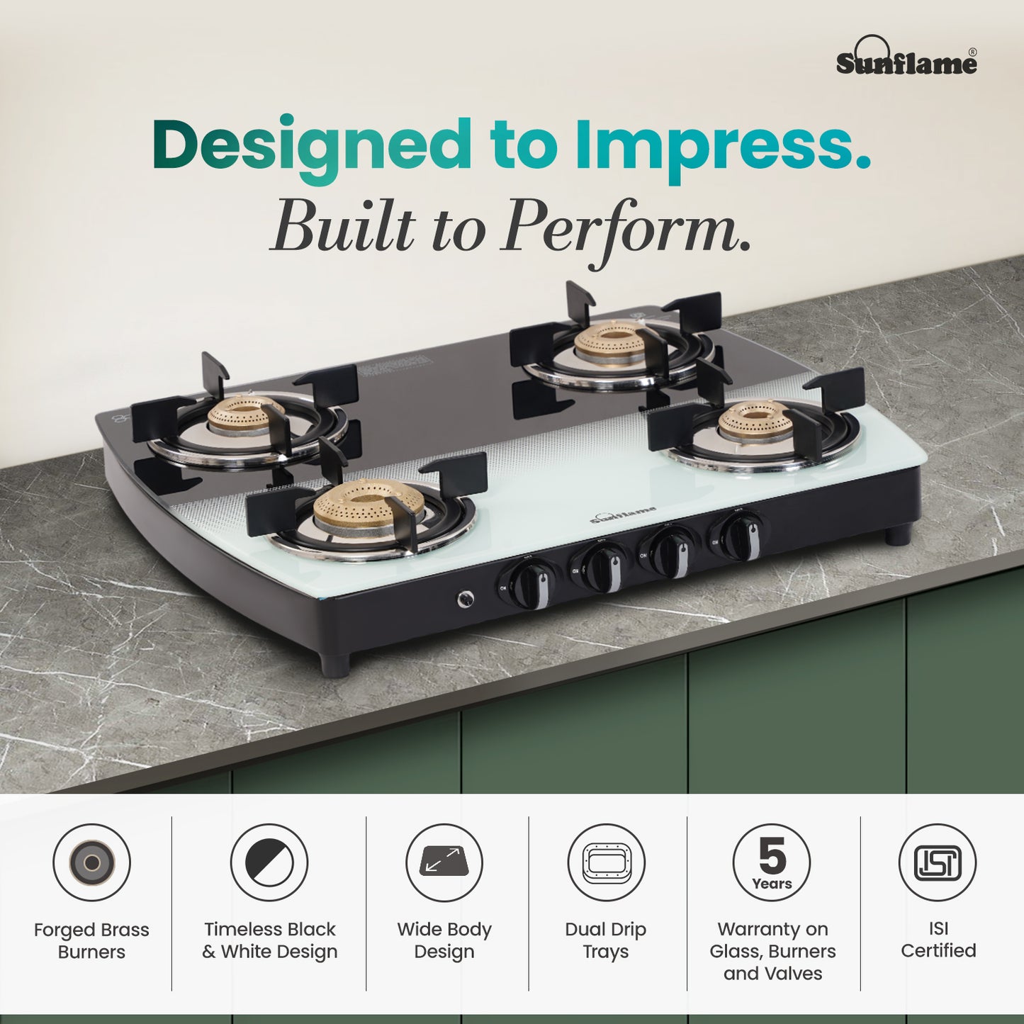 SGM 4 Burner Gas Stove | 1 Jumbo, 1 Medium, 2 Small Brass Burner | Toughened Glass Top