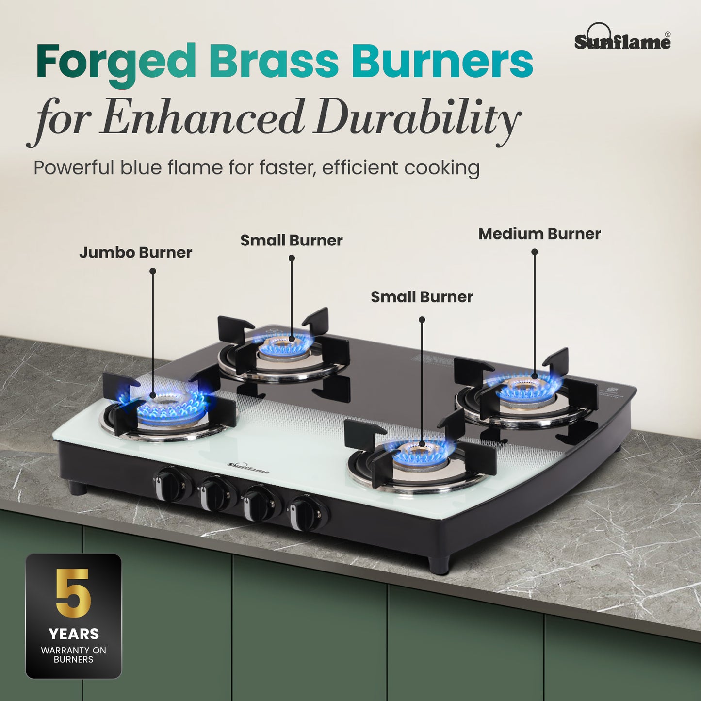 SGM 4 Burner Gas Stove | 1 Jumbo, 1 Medium, 2 Small Brass Burner | Toughened Glass Top