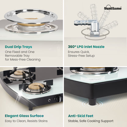 SGM 4 Burner Gas Stove | 1 Jumbo, 1 Medium, 2 Small Brass Burner | Toughened Glass Top