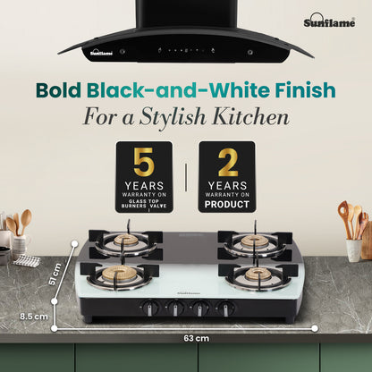 SGM 4 Burner Gas Stove | 1 Jumbo, 1 Medium, 2 Small Brass Burner | Toughened Glass Top