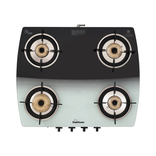 SGM 4 Burner Gas Stove with Auto-Ignition | 1 Jumbo, 1 Medium, 2 Small Brass Burner | Toughened Glass Top