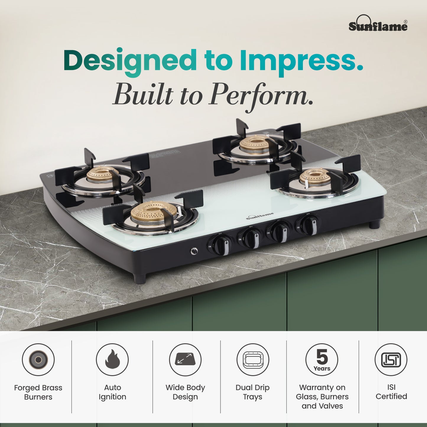 SGM 4 Burner Gas Stove with Auto-Ignition | 1 Jumbo, 1 Medium, 2 Small Brass Burner | Toughened Glass Top