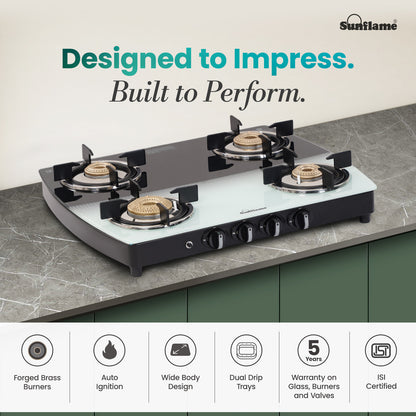 SGM 4 Burner Gas Stove with Auto-Ignition | 1 Jumbo, 1 Medium, 2 Small Brass Burner | Toughened Glass Top