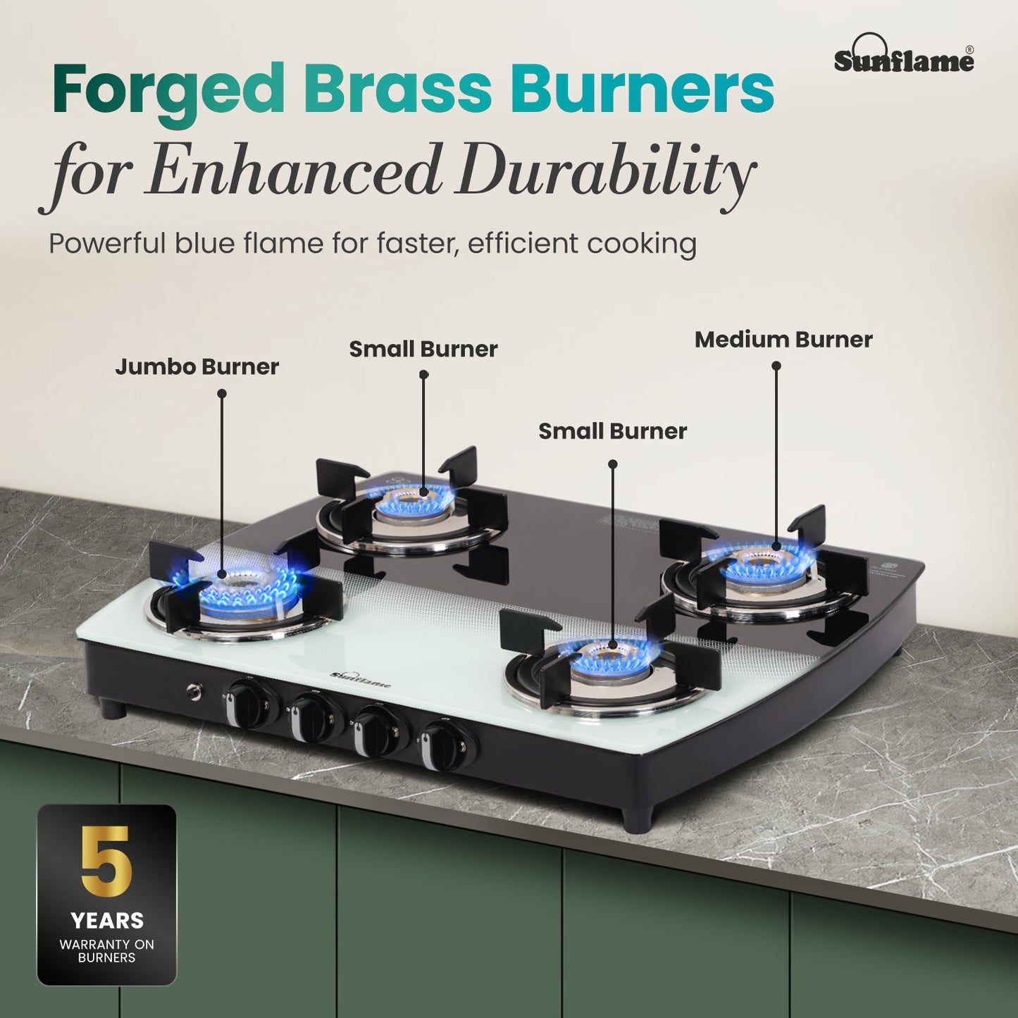 SGM 4 Burner Gas Stove with Auto-Ignition | 1 Jumbo, 1 Medium, 2 Small Brass Burner | Toughened Glass Top