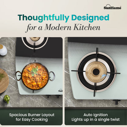 SGM 4 Burner Gas Stove with Auto-Ignition | 1 Jumbo, 1 Medium, 2 Small Brass Burner | Toughened Glass Top