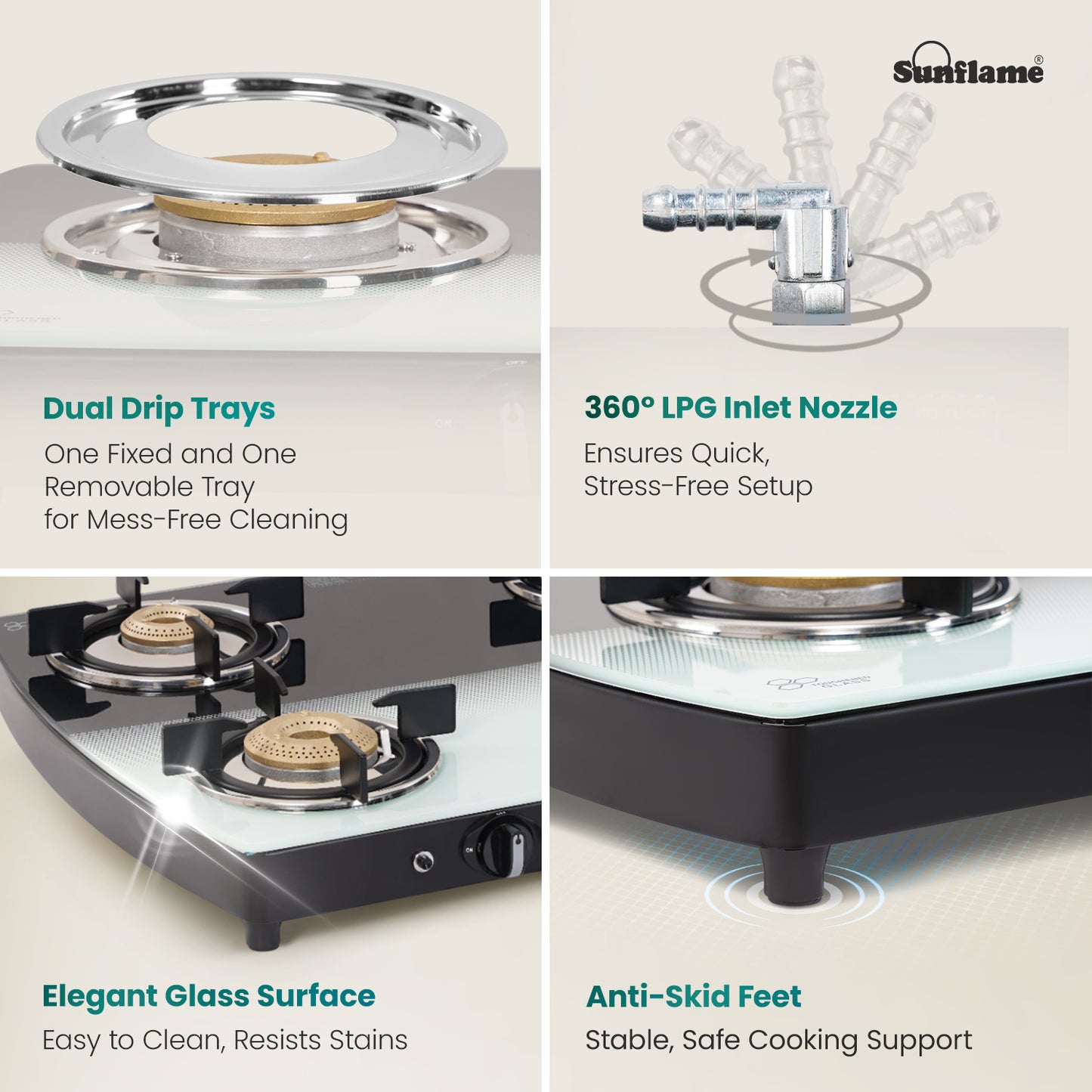 SGM 4 Burner Gas Stove with Auto-Ignition | 1 Jumbo, 1 Medium, 2 Small Brass Burner | Toughened Glass Top